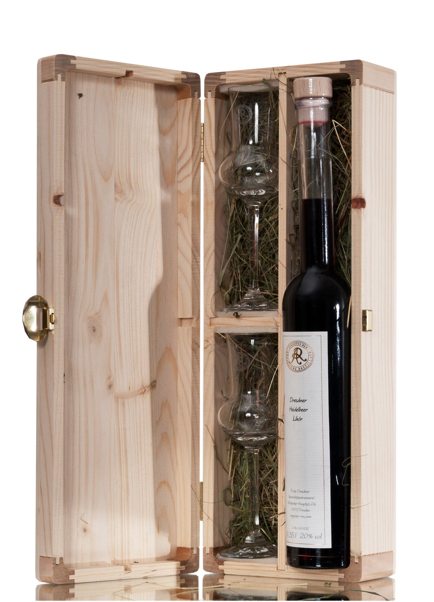 Holzkiste passend für eine Flasche à 350 ml mit Heueinlage und 2 Gläsern.